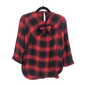 Zara Plaid Long Sleeve Bow Neck Blouse